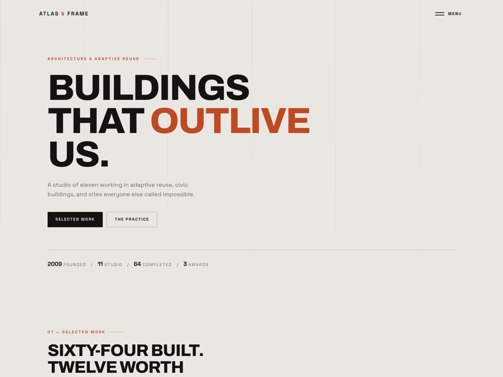 Atlas and Frame homepage: heavy black uppercase type on warm grey, with a single burnt-orange accent word and a visible column grid.